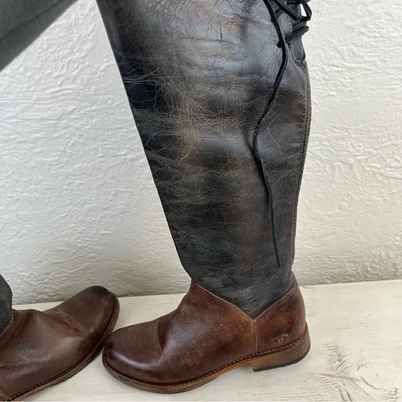 Bed Stu Boots Leather Manchester Knee Hi Lace up Brown Black Distressed 8.5